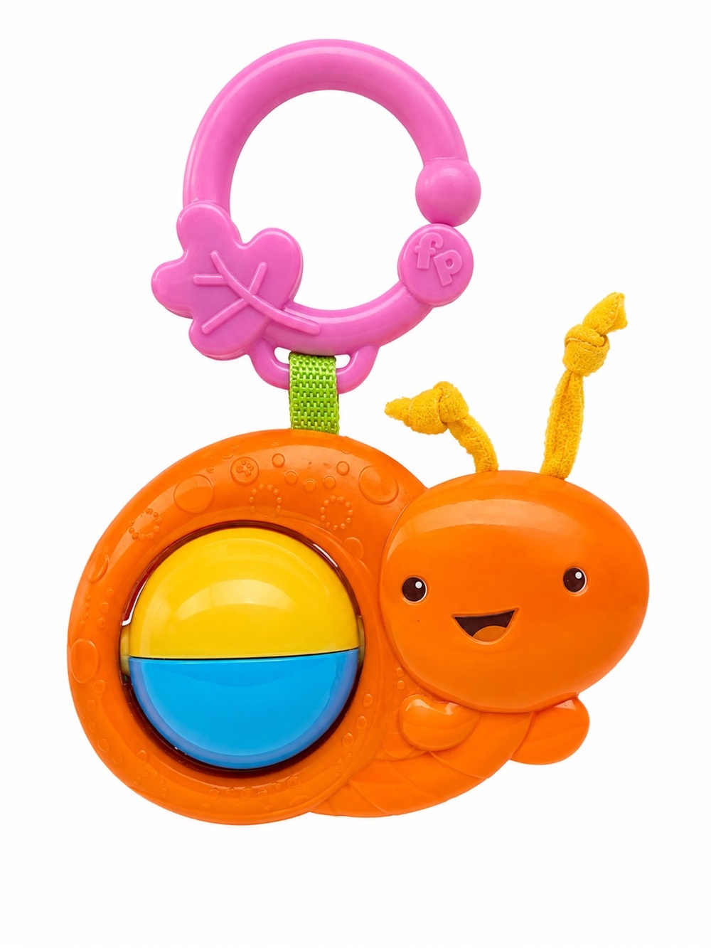 Fisher-Price Orange Snail Rattle with Pink Clip and Yellow-Blue Spinner